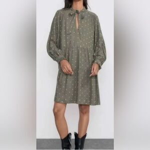 ZARA Baby Doll Mini Dress Size XL Green White Polka Dot Long‎ Sleeve